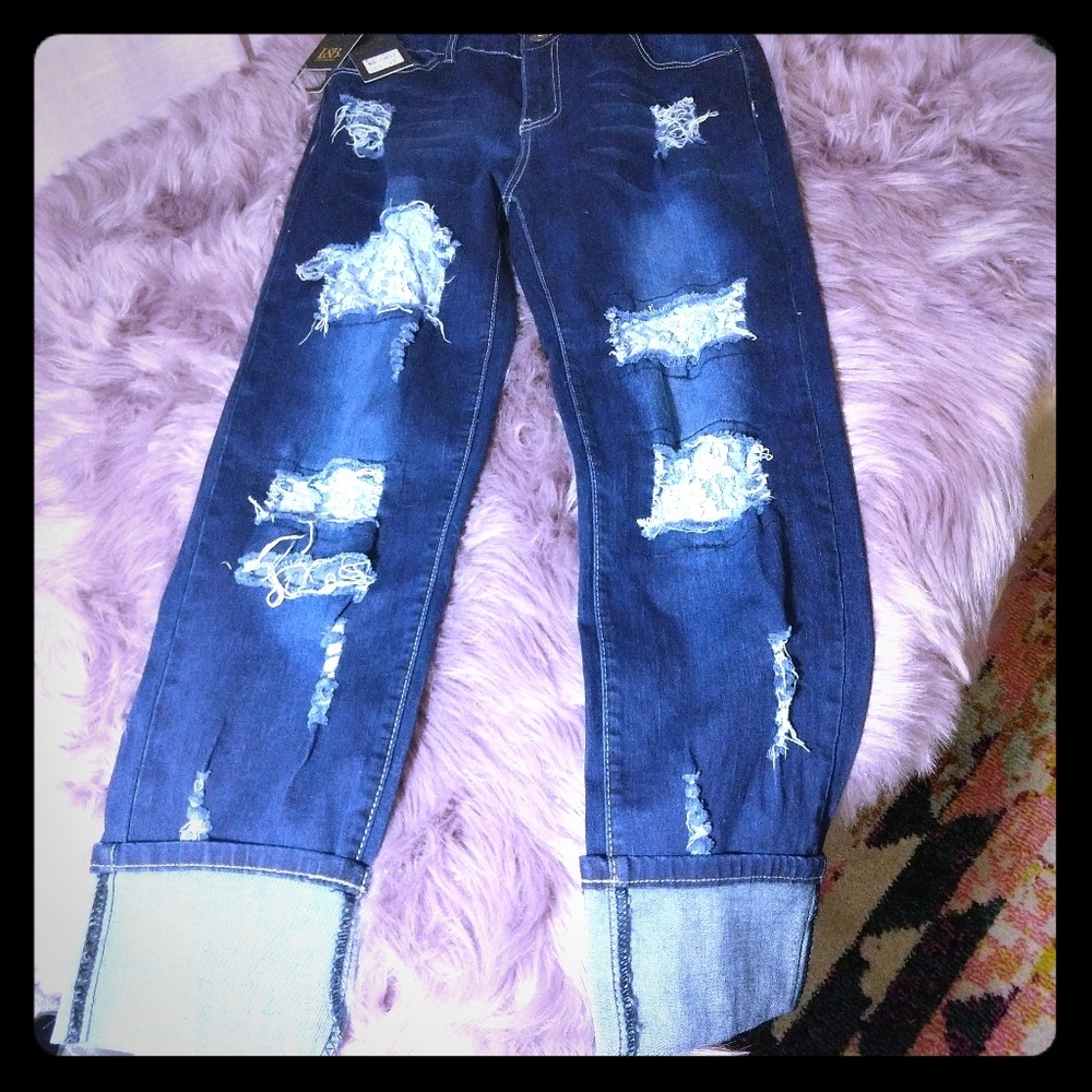 Lucky & Blessed lace patch boyfriend jeans